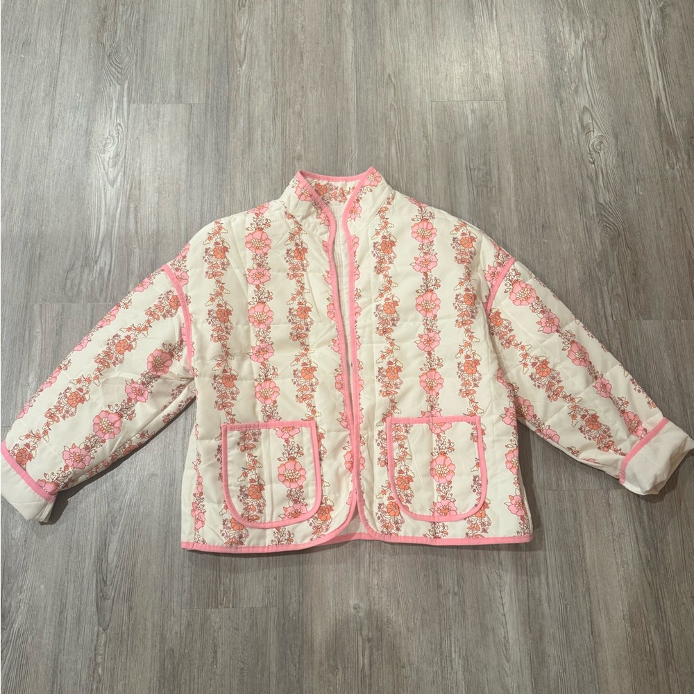 Amazon Pink and Cream Floral Quilted Puffer Jacket